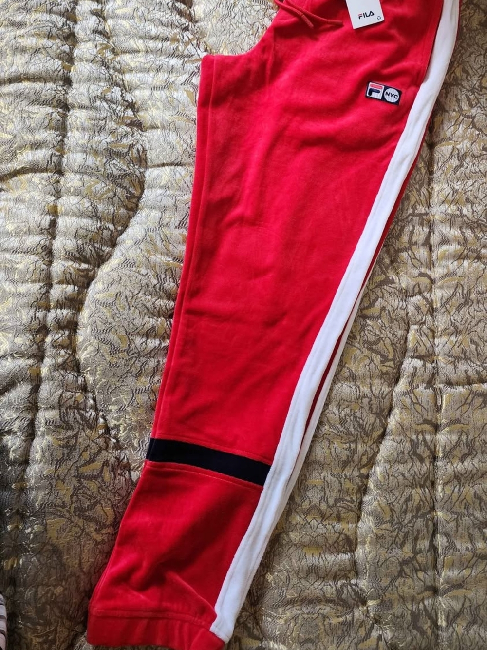 Fila Unisex Red Velour Jogger Pants with White Side Stripe